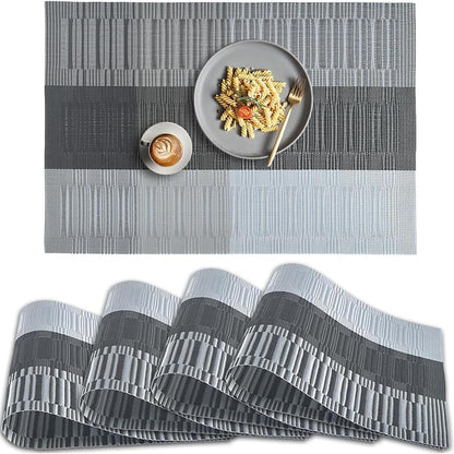 Gradient Black Dining Table Mat Set Of 4, Durable Heat-Resistant Washable Placemats Non-Slip Vinyl Woven Table Mats Wipeable Placemat For Kitchen Dining Table Decoration