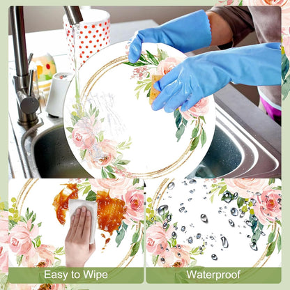 6 Pcs Pink Rose Floral Round Placemats, Washable Plastic Place Mats Spring Summer Floral Table Mats for Indoor Outdoor Kitchen Restaurant Party Wedding Anniversary Decoration(13.4 Inch)