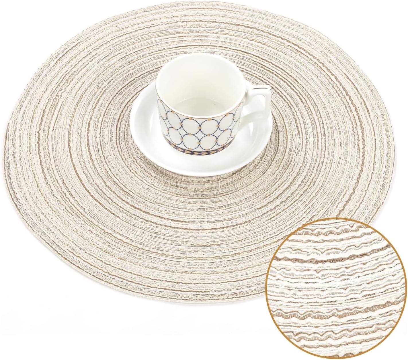 Round Braided Placemats Set of 4, Woven Heat Resistant Washable Kitchen Table Mats with 4 Coasters for Dining Home Wedding Outdoor Party (Beige)