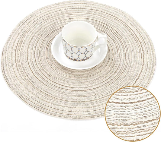 Round Braided Placemats Set of 4, Woven Heat Resistant Washable Kitchen Table Mats with 4 Coasters for Dining Home Wedding Outdoor Party (Beige)