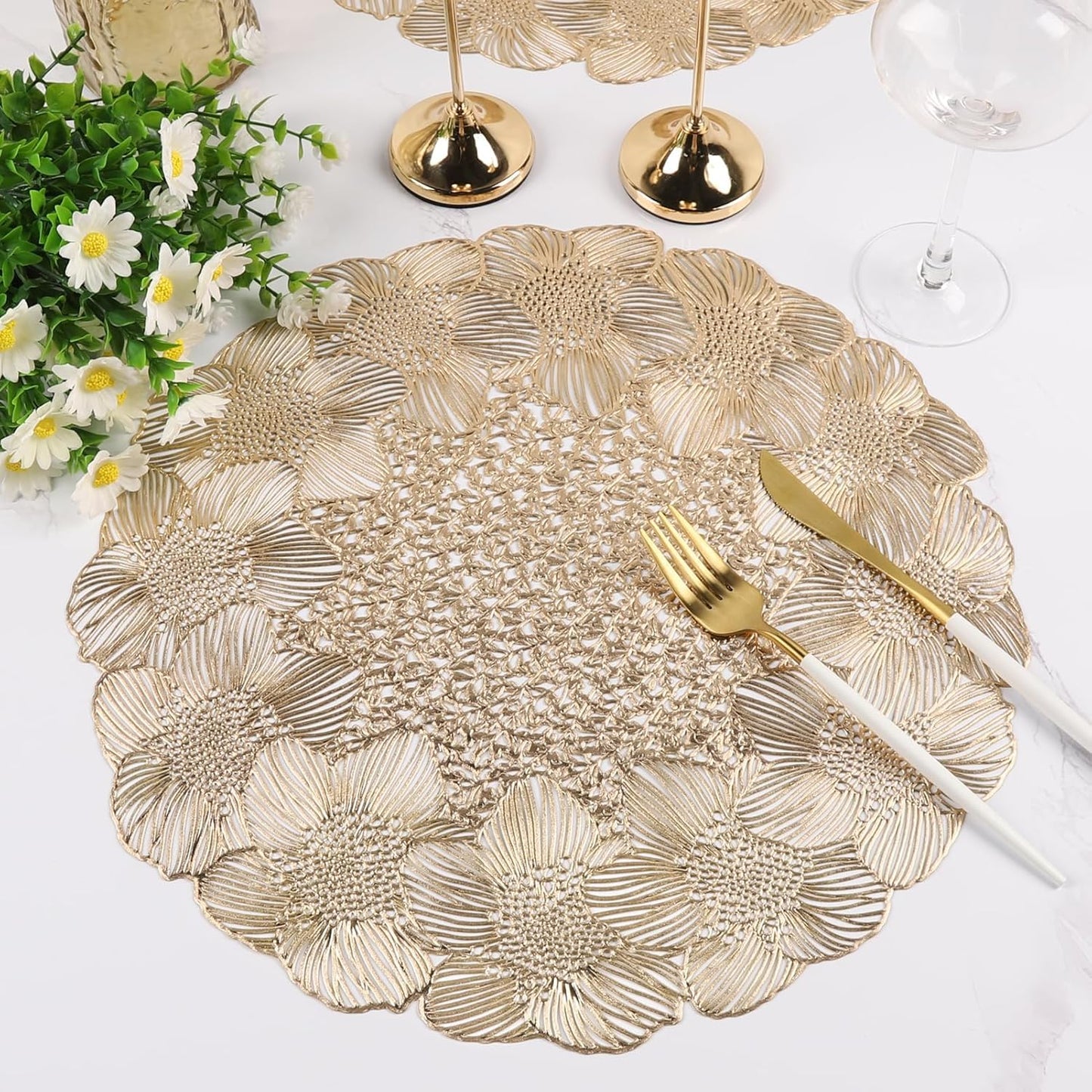 NALACAL Gold Round Placemats for Dining Table, Set of 6 Non-Slip Vinyl Mats, Washable Hollow Out Metallic Place Mats for Wedding Party Dining Table Kitchen Decorations