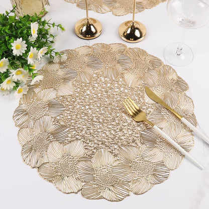 NALACAL Gold Round Placemats for Dining Table, Set of 6 Non-Slip Vinyl Mats, Washable Hollow Out Metallic Place Mats for Wedding Party Dining Table Kitchen Decorations