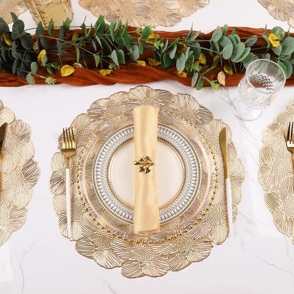 NALACAL Gold Round Placemats for Dining Table, Set of 6 Non-Slip Vinyl Mats, Washable Hollow Out Metallic Place Mats for Wedding Party Dining Table Kitchen Decorations