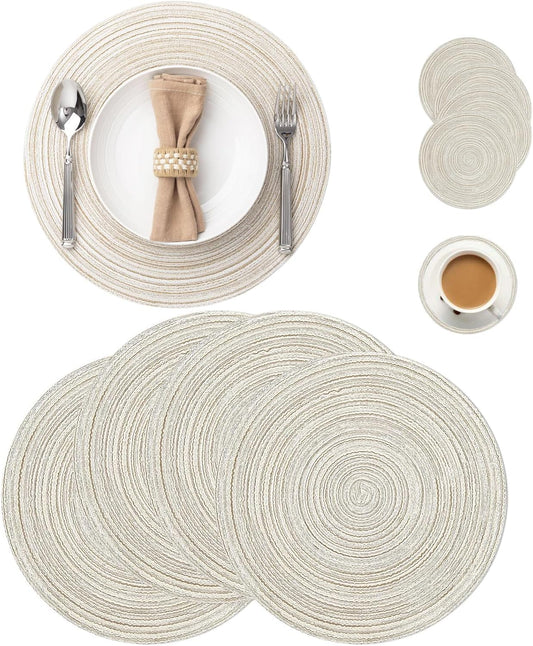 Round Braided Placemats Set of 4, Woven Heat Resistant Washable Kitchen Table Mats with 4 Coasters for Dining Home Wedding Outdoor Party (Beige)