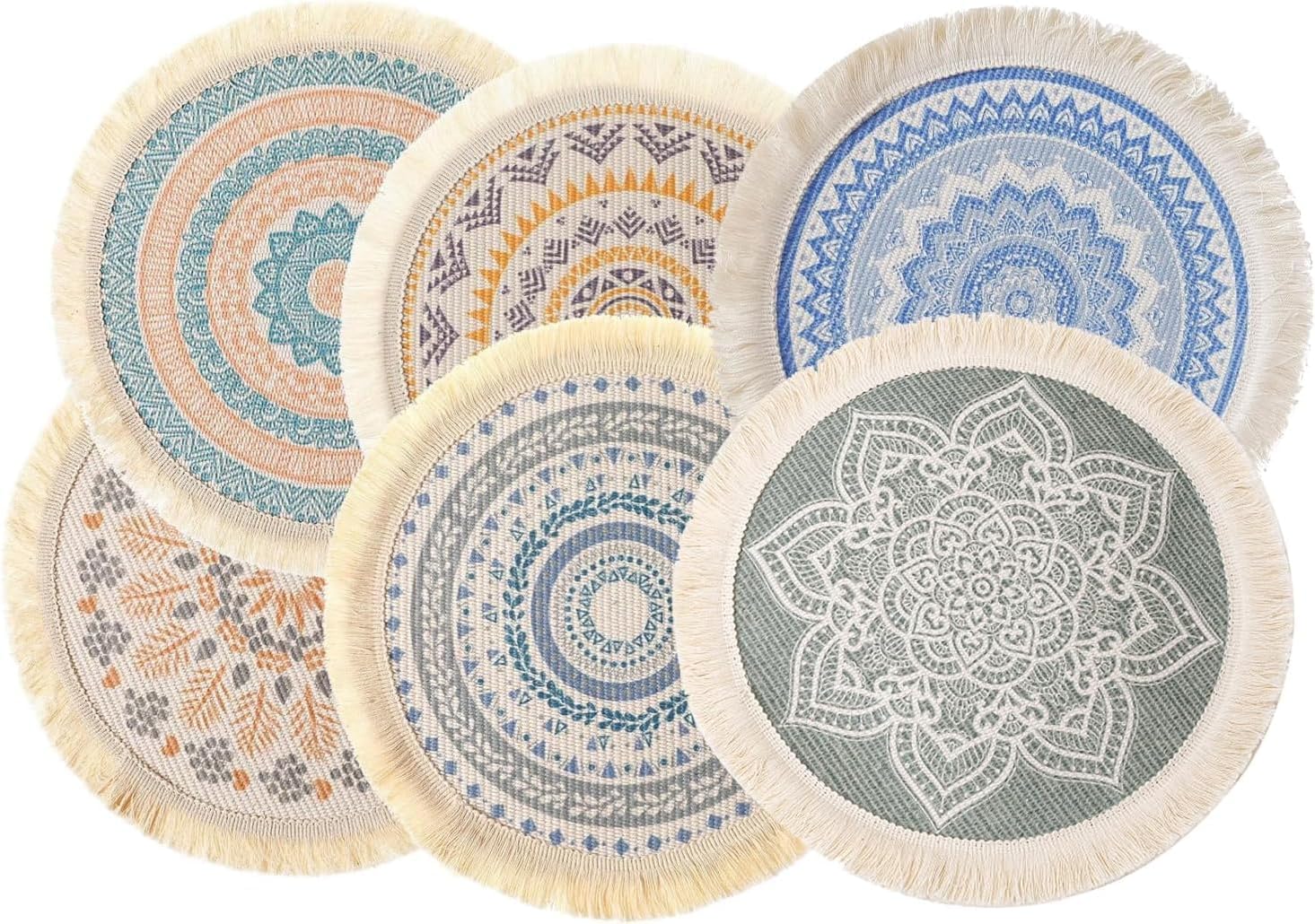 Set of 6 Boho Round Placemats, 13 Inch Mandala Woven Table Mats for Dining Table with Tassels - Heat Resistant & Machine Washable Cotton Decor for Farmhouse, Kitchen, Wedding, Party