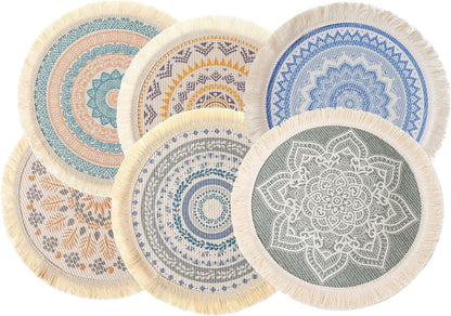 Set of 6 Boho Round Placemats, 13 Inch Mandala Woven Table Mats for Dining Table with Tassels - Heat Resistant & Machine Washable Cotton Decor for Farmhouse, Kitchen, Wedding, Party