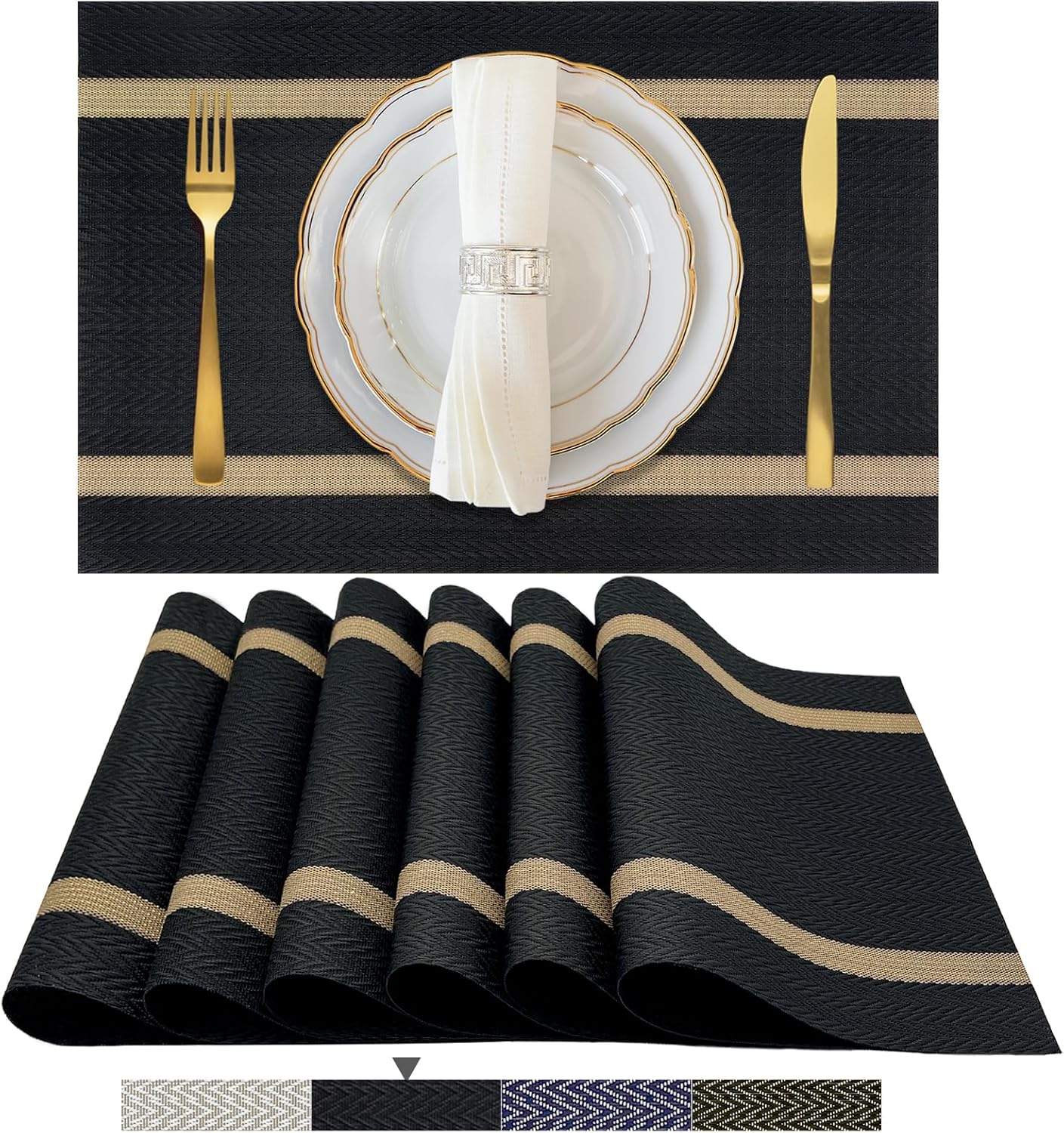 Black Placemats Set of 6 - Washable Easy Clean Vinyl Placemats - Heat Resistant PVC Place Mats - Table Mats for Dining Table (Black Gold Arrow Pattern)