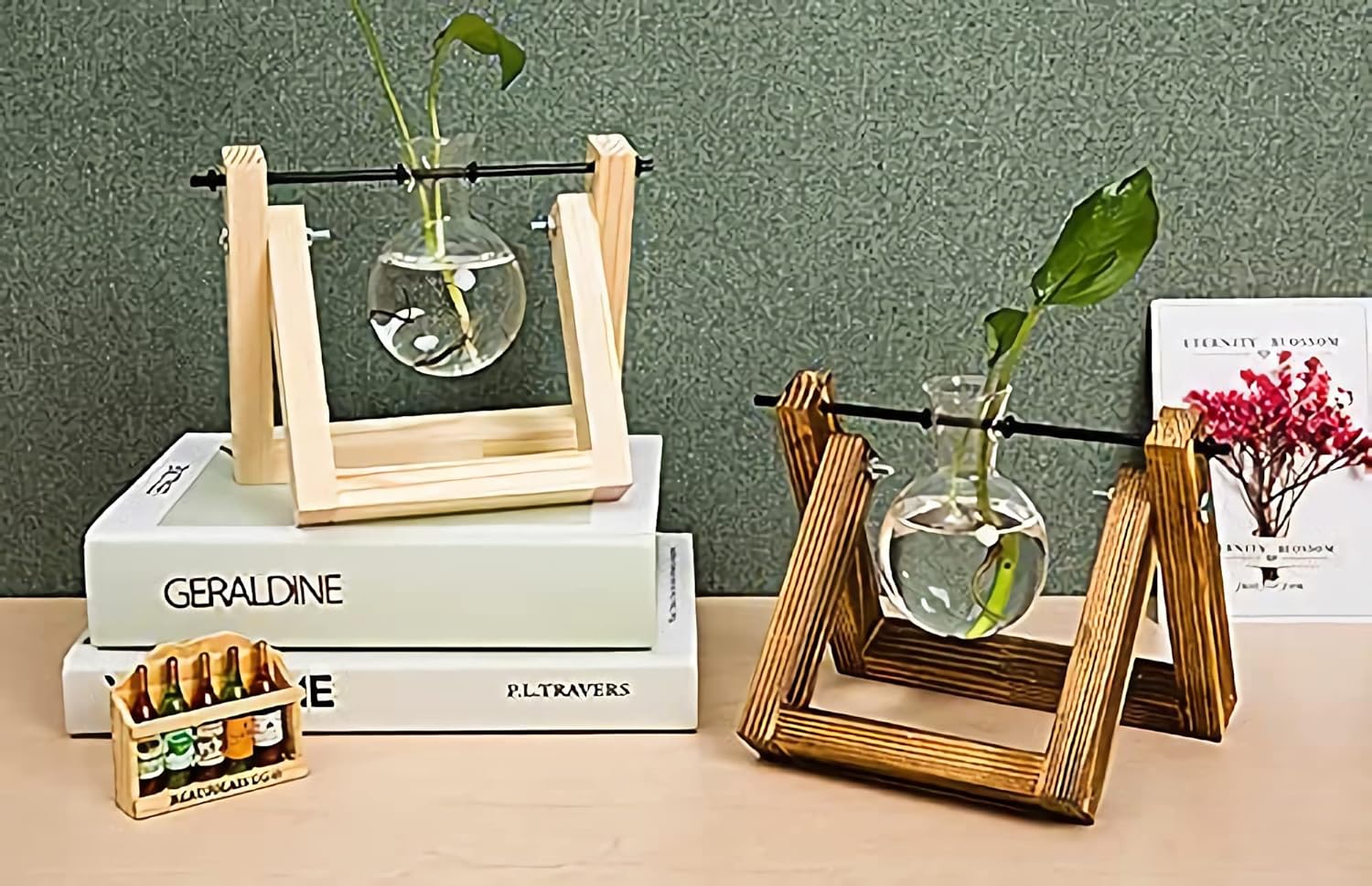 DMG Plant Terrarium with Wooden Stand, Glass Desktop Planter with Retro Wooden Stand and Plant Terrarium Vase for Indoor Office Desk Decor Accessories (1 Bulbs)