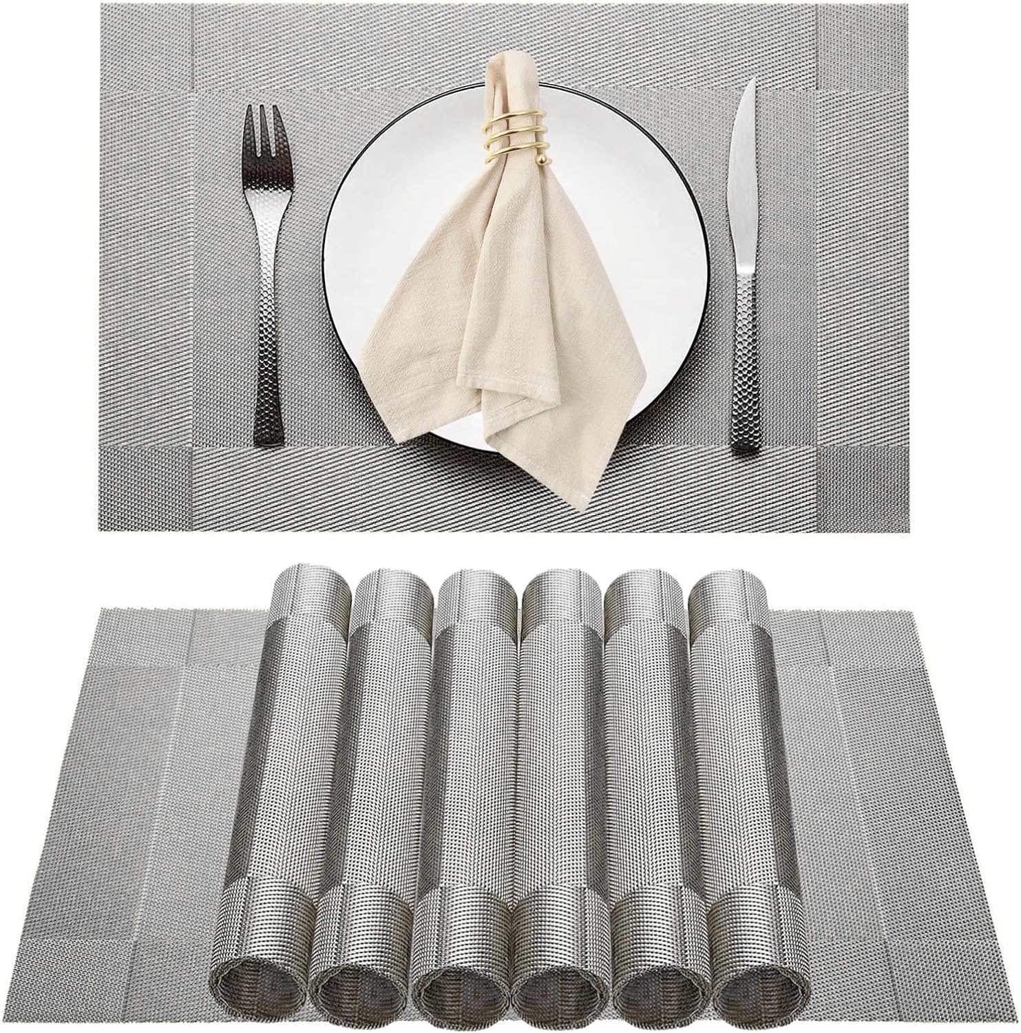 Elegant Placemats for Dining Table Set of 6, Heat Resistant Placemats, Washable Vinyl Woven Table Mats (22-04-6p)