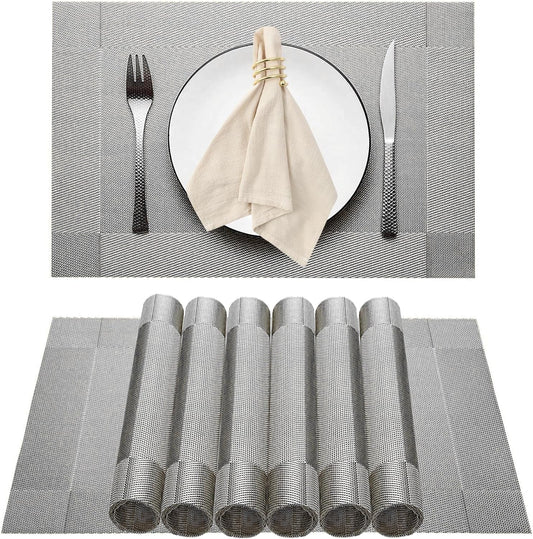Elegant Placemats for Dining Table Set of 6, Heat Resistant Placemats, Washable Vinyl Woven Table Mats (22-04-6p)