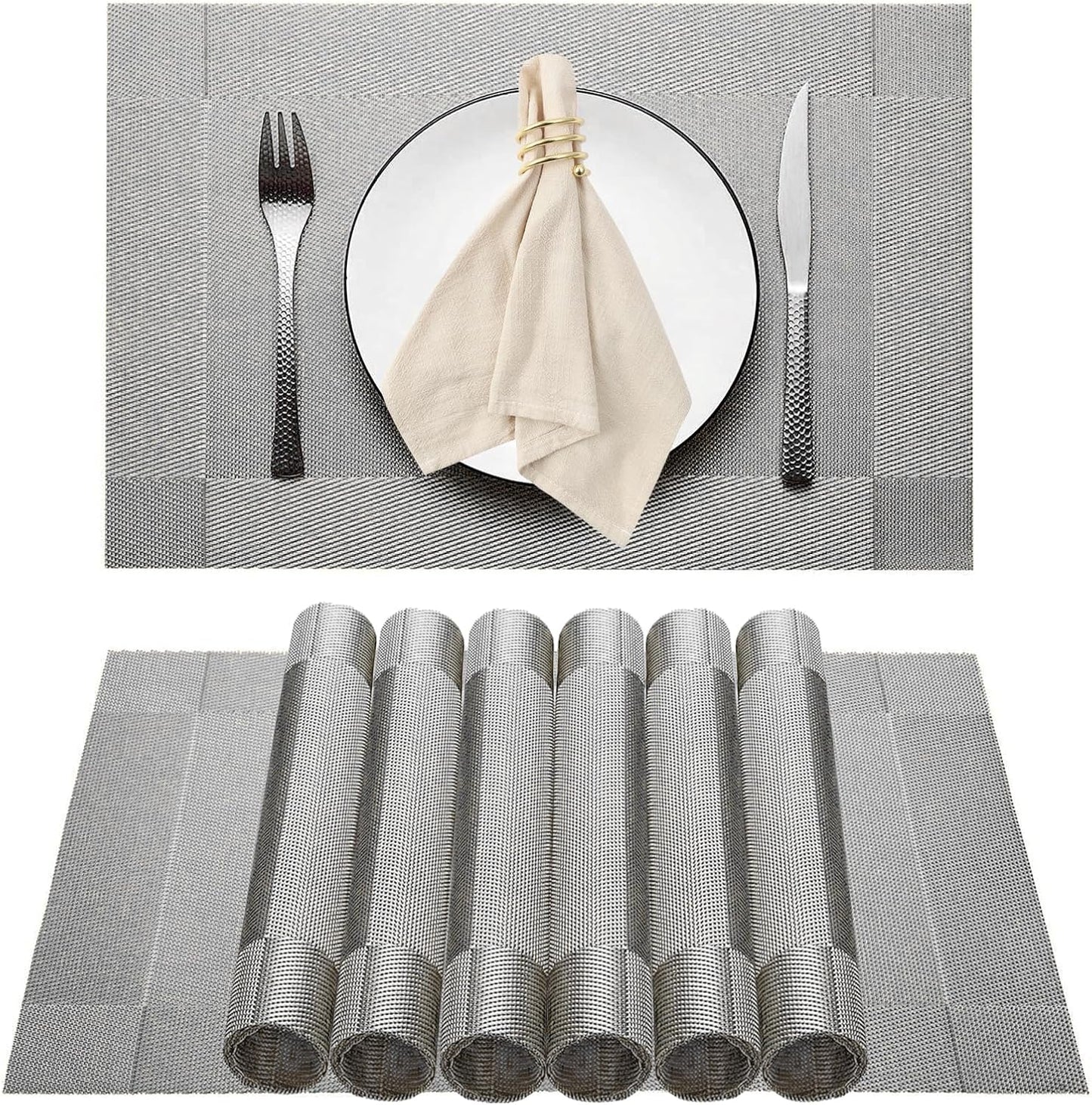 Elegant Placemats for Dining Table Set of 6, Heat Resistant Placemats, Washable Vinyl Woven Table Mats (22-04-6p)