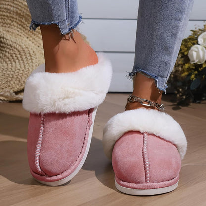 LIWEGHT Fuzzy Memory Foam Slippers for Women Men - Fluffy Winter House Suede With Faux Fur Collar - Indoor Outdoor