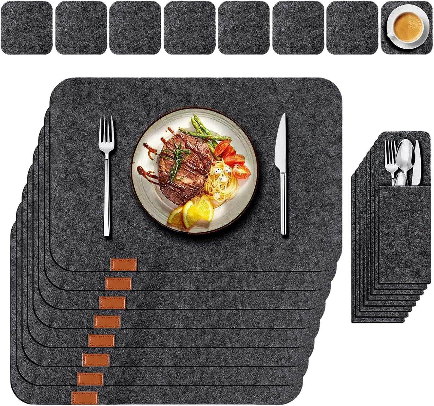 VAODO 24 Pcs Felt Placemats for Dining Table, Non-Slip and Heat-Resistant Placemats Set of 8, Contains 8 Placemats, 8 Coasters and 8 Cutlery Bags, Suitable for Gathering, Friends Party, Dark Gray