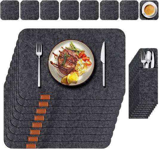 VAODO 24 Pcs Felt Placemats for Dining Table, Non-Slip and Heat-Resistant Placemats Set of 8, Contains 8 Placemats, 8 Coasters and 8 Cutlery Bags, Suitable for Gathering, Friends Party, Dark Gray