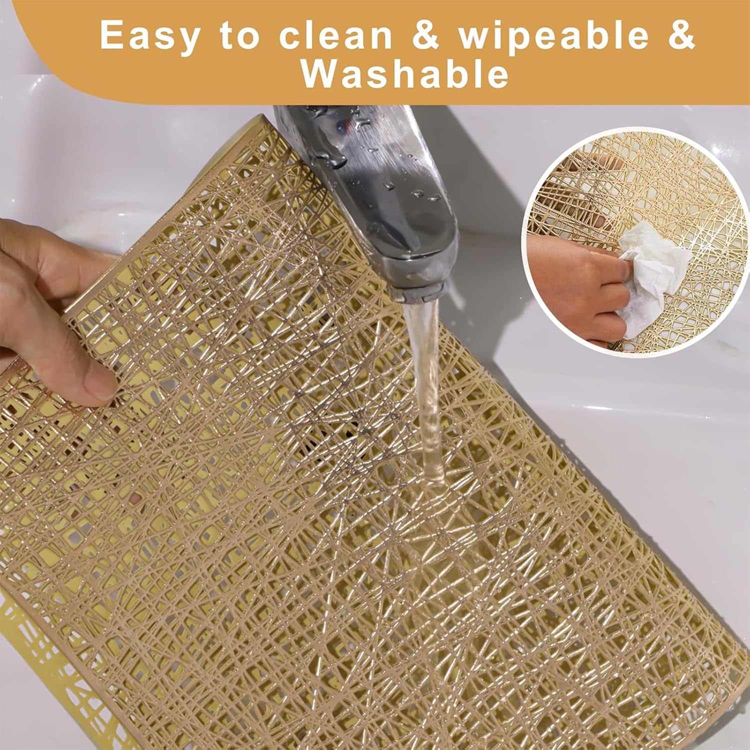 Gold Rectangle Placemats Set of 4, 12‘’ x 17‘’Vinyl Placemats Wipeable,Easy to Clean Non Slip Stain Heat Resistant Washable,Morden Luxury Placemats for Dining, Wedding, Party, Festival(Gold)