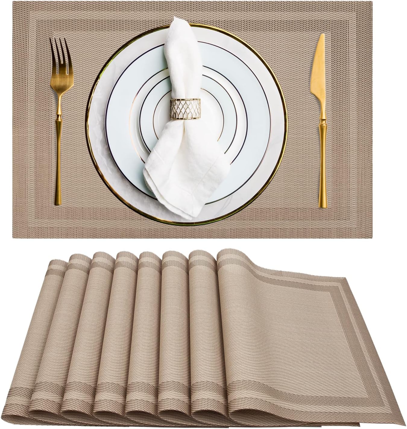 Set of 8 Placemats, Non-Slip Crossweave Woven Vinyl Insulation Placemat Washable Table Mats 45x30cm (Champagne)