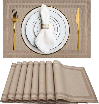 Set of 8 Placemats, Non-Slip Crossweave Woven Vinyl Insulation Placemat Washable Table Mats 45x30cm (Champagne)