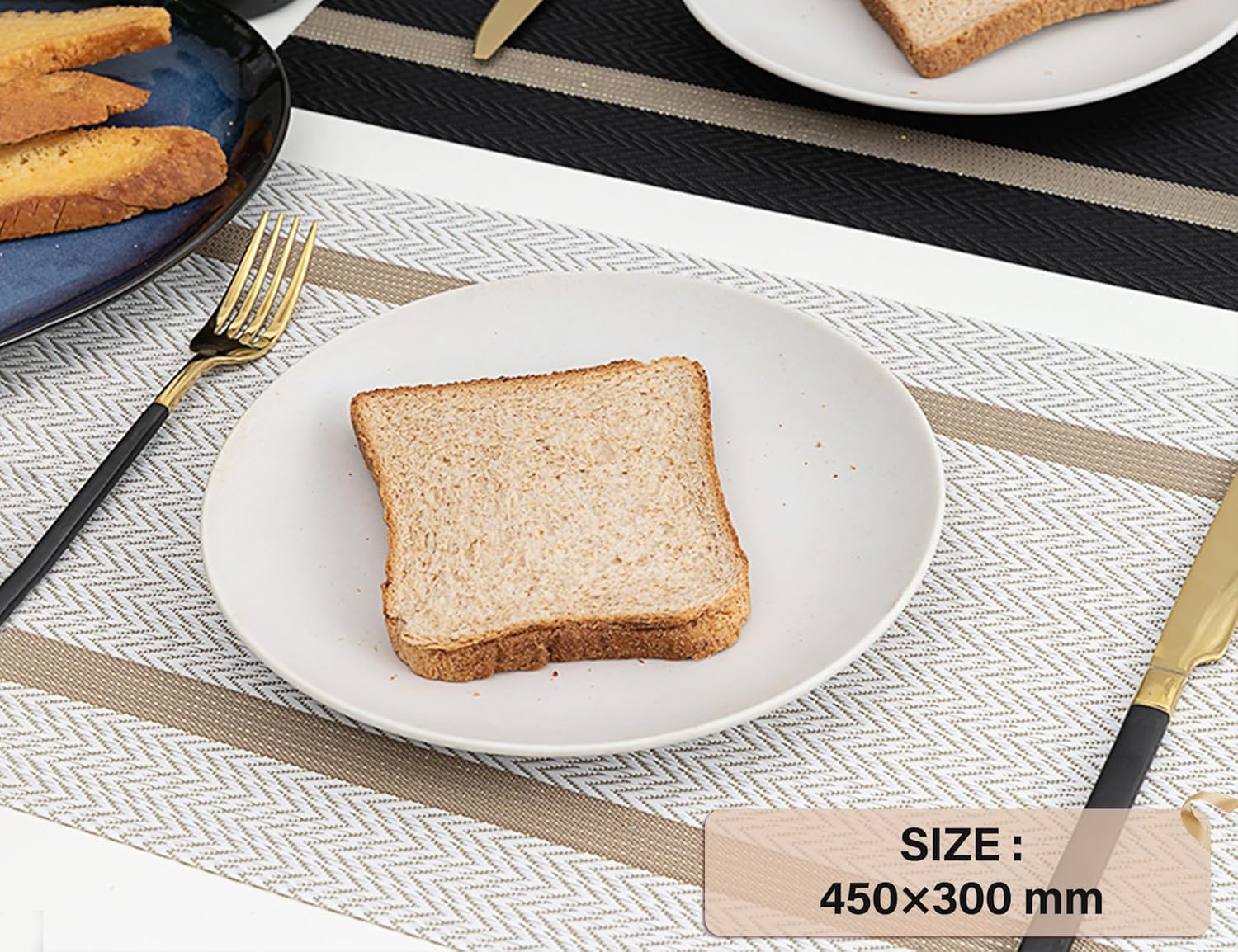 Black Placemats Set of 6 - Washable Easy Clean Vinyl Placemats - Heat Resistant PVC Place Mats - Table Mats for Dining Table (Black Gold Arrow Pattern)