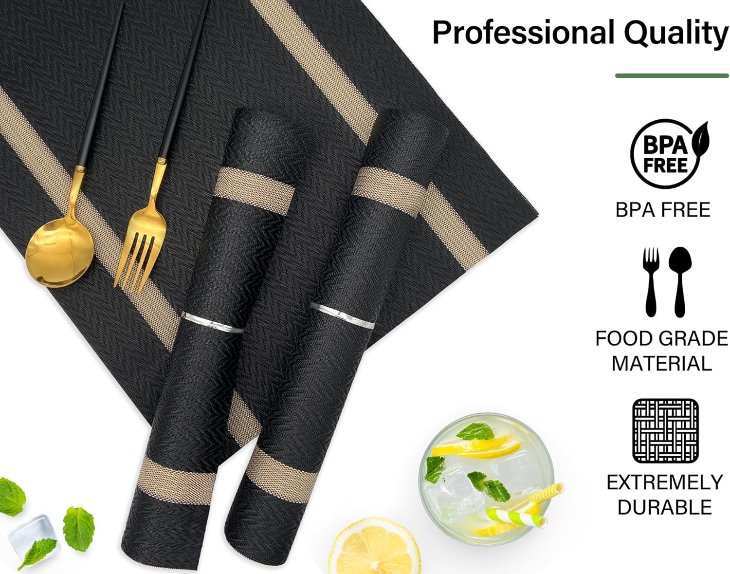 Black Placemats Set of 6 - Washable Easy Clean Vinyl Placemats - Heat Resistant PVC Place Mats - Table Mats for Dining Table (Black Gold Arrow Pattern)