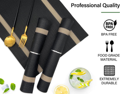 Black Placemats Set of 6 - Washable Easy Clean Vinyl Placemats - Heat Resistant PVC Place Mats - Table Mats for Dining Table (Black Gold Arrow Pattern)