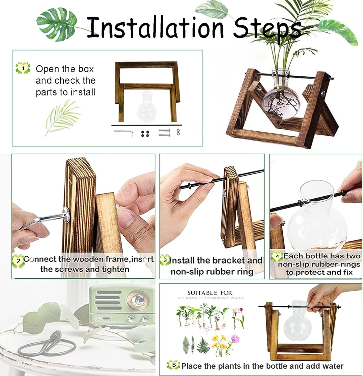 DMG Plant Terrarium with Wooden Stand, Glass Desktop Planter with Retro Wooden Stand and Plant Terrarium Vase for Indoor Office Desk Decor Accessories (1 Bulbs)