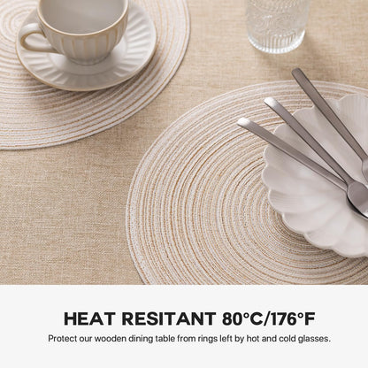 Round Braided Placemats Set of 4, Woven Heat Resistant Washable Kitchen Table Mats with 4 Coasters for Dining Home Wedding Outdoor Party (Beige)