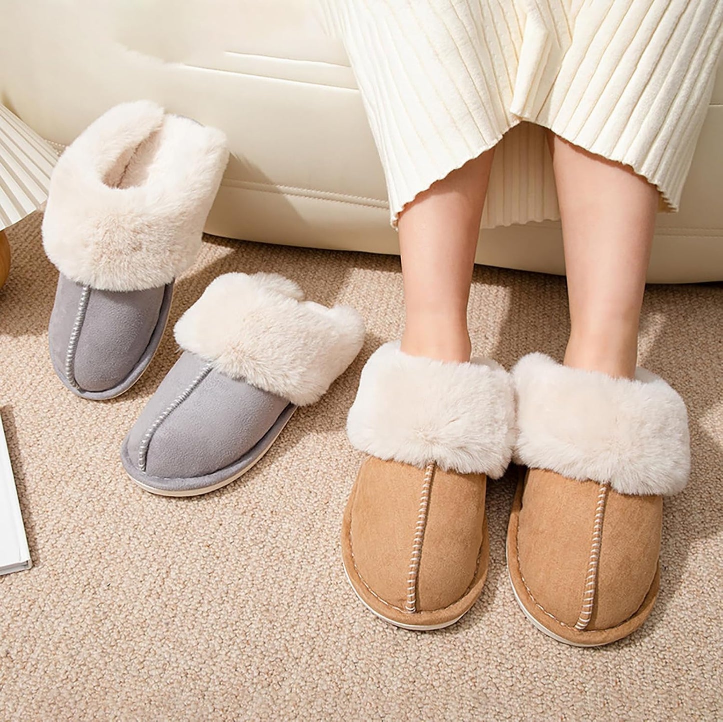 Women's Winter Slippers Plush Fuzzy House Bedroom Slippers, Warm Non-Slip Indoor Outdoor Shoes for Couples