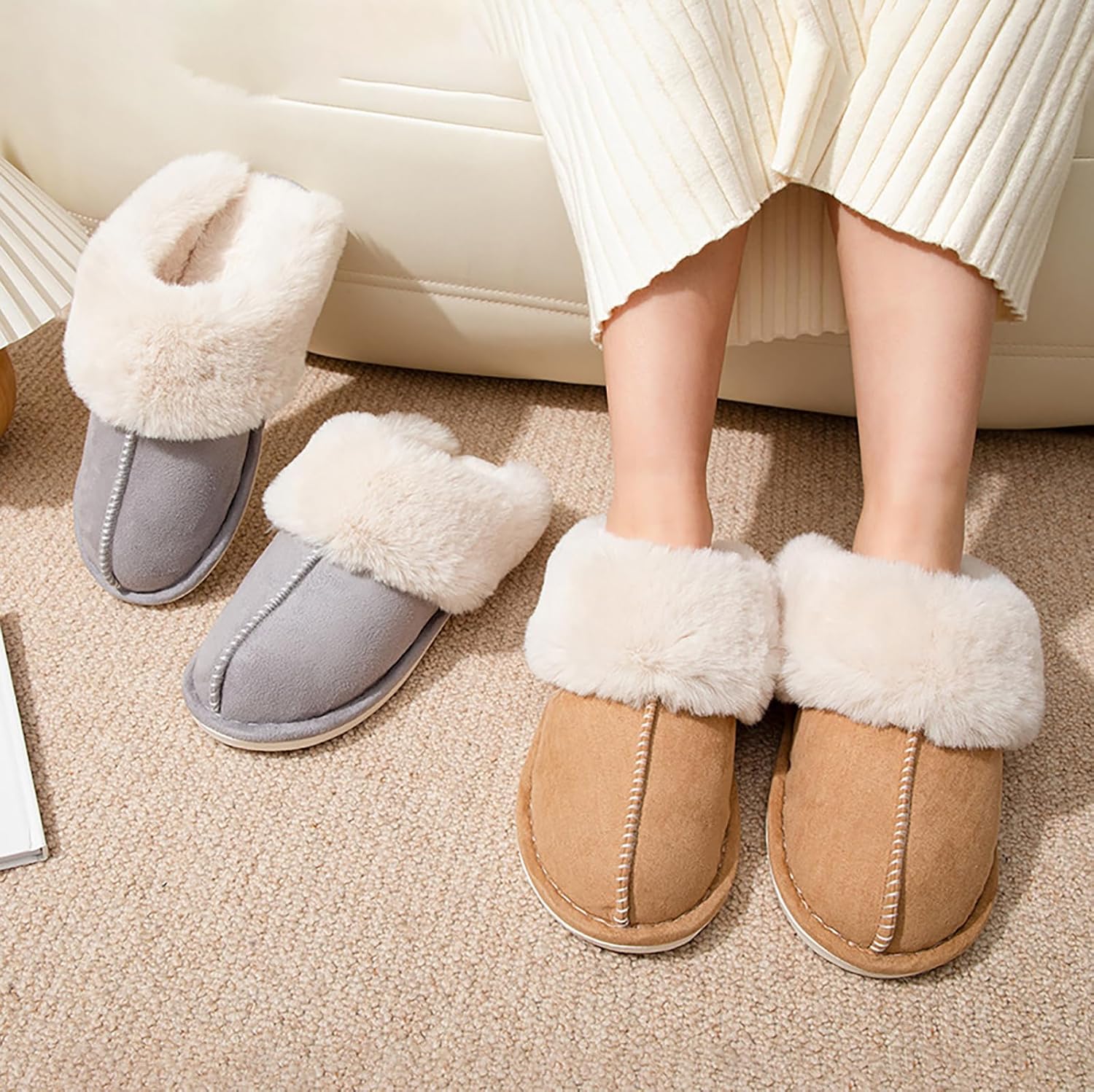 Women's Winter Slippers Plush Fuzzy House Bedroom Slippers, Warm Non-Slip Indoor Outdoor Shoes for Couples