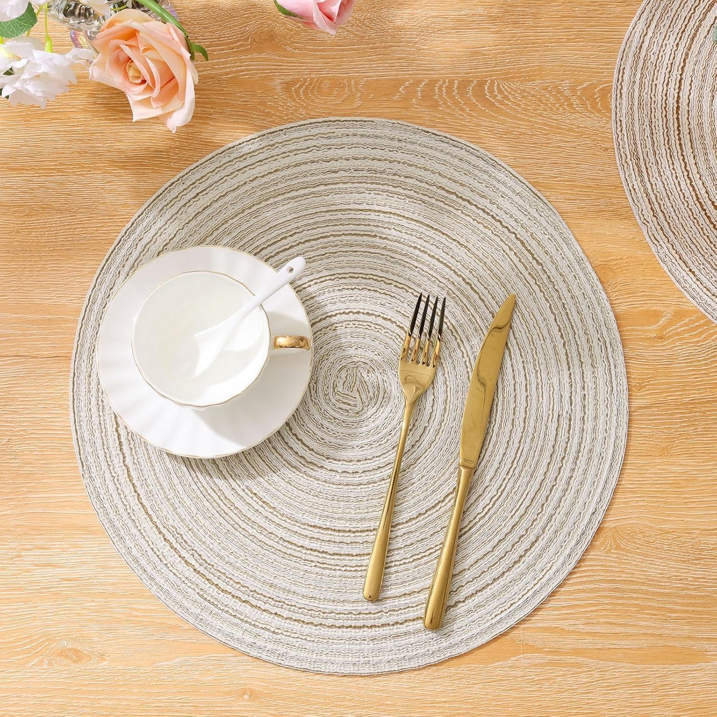 Round Braided Placemats Set of 4, Woven Heat Resistant Washable Kitchen Table Mats with 4 Coasters for Dining Home Wedding Outdoor Party (Beige)