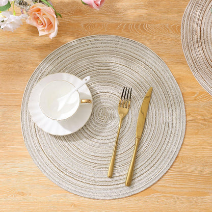 Round Braided Placemats Set of 4, Woven Heat Resistant Washable Kitchen Table Mats with 4 Coasters for Dining Home Wedding Outdoor Party (Beige)