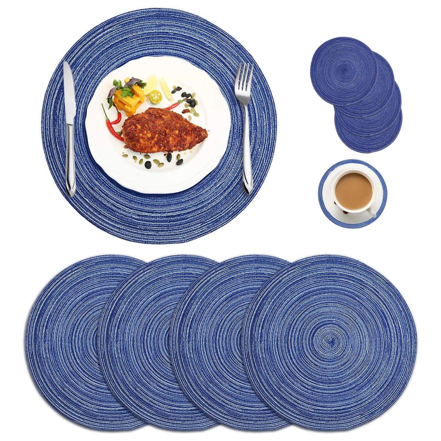 Round Braided Placemats Set of 4, Woven Heat Resistant Washable Kitchen Table Mats with 4 Coasters for Dining Home Wedding Outdoor Party (Beige)