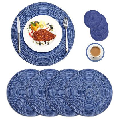 Round Braided Placemats Set of 4, Woven Heat Resistant Washable Kitchen Table Mats with 4 Coasters for Dining Home Wedding Outdoor Party (Beige)