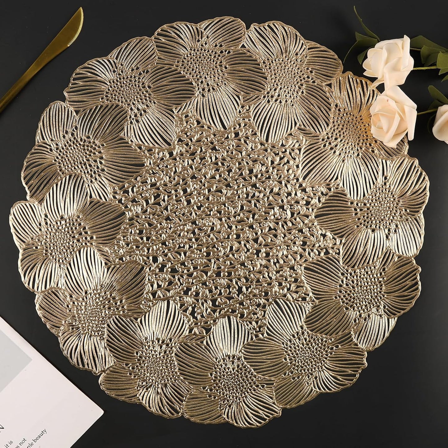 NALACAL Gold Round Placemats for Dining Table, Set of 6 Non-Slip Vinyl Mats, Washable Hollow Out Metallic Place Mats for Wedding Party Dining Table Kitchen Decorations