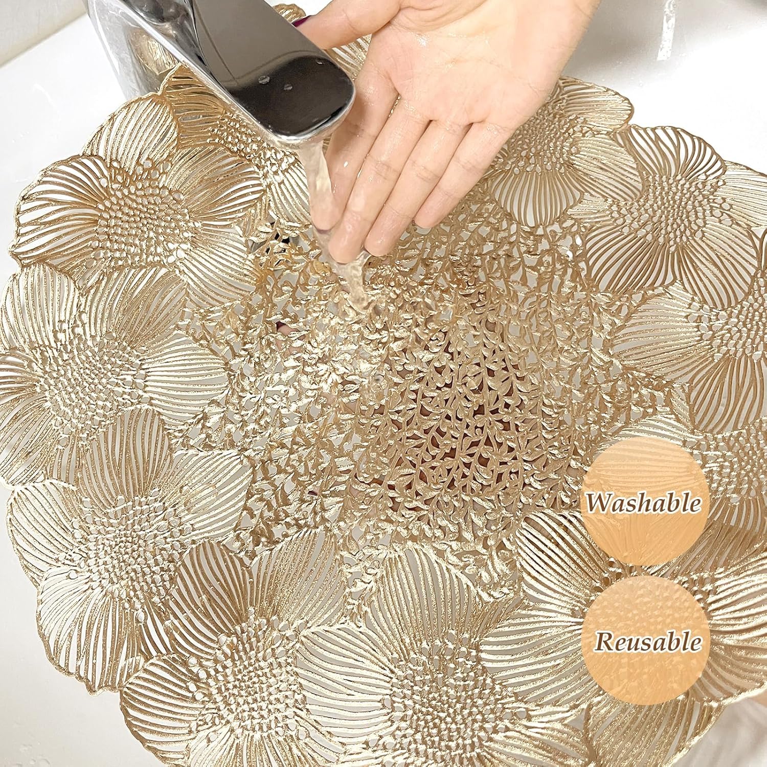 NALACAL Gold Round Placemats for Dining Table, Set of 6 Non-Slip Vinyl Mats, Washable Hollow Out Metallic Place Mats for Wedding Party Dining Table Kitchen Decorations