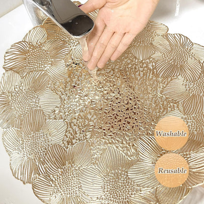 NALACAL Gold Round Placemats for Dining Table, Set of 6 Non-Slip Vinyl Mats, Washable Hollow Out Metallic Place Mats for Wedding Party Dining Table Kitchen Decorations