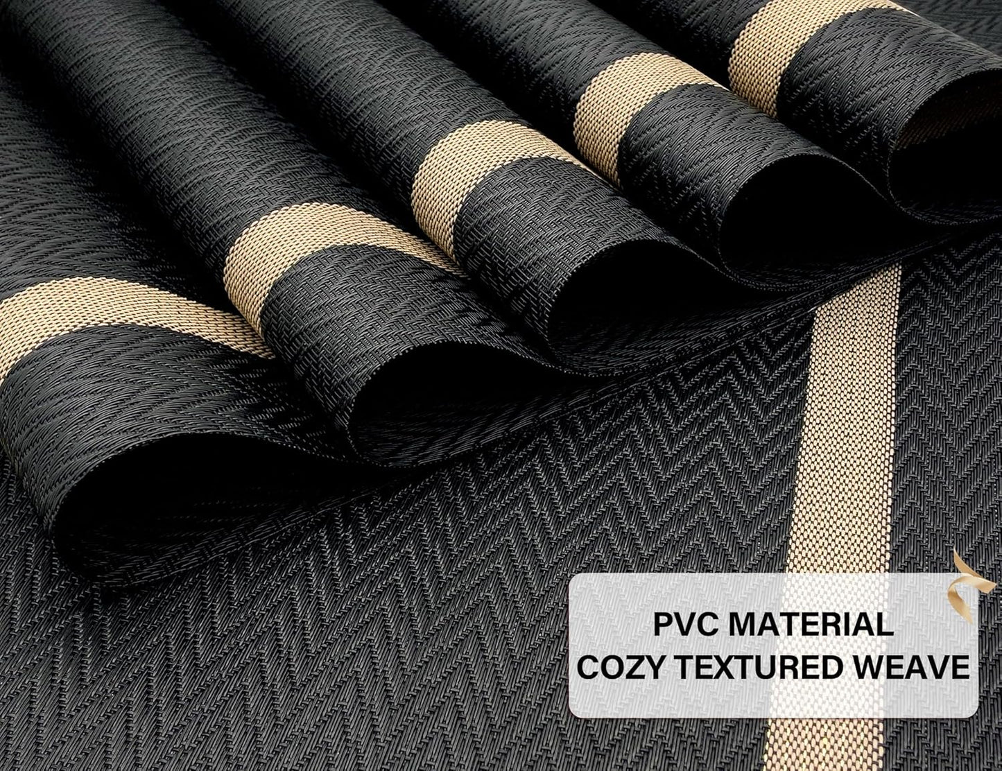 Black Placemats Set of 6 - Washable Easy Clean Vinyl Placemats - Heat Resistant PVC Place Mats - Table Mats for Dining Table (Black Gold Arrow Pattern)